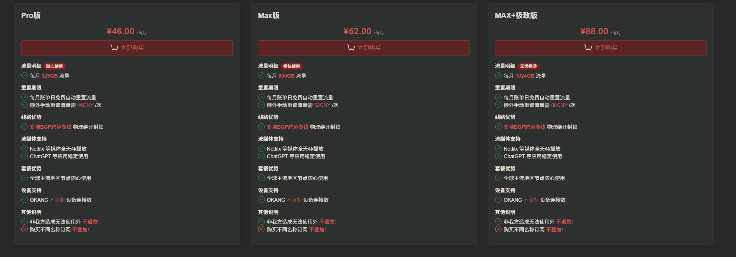 OKANC机场资费套餐面板页面