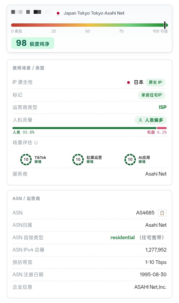 三元店日本Asahi Net家宽IP纯净度与欺诈评分实测98分